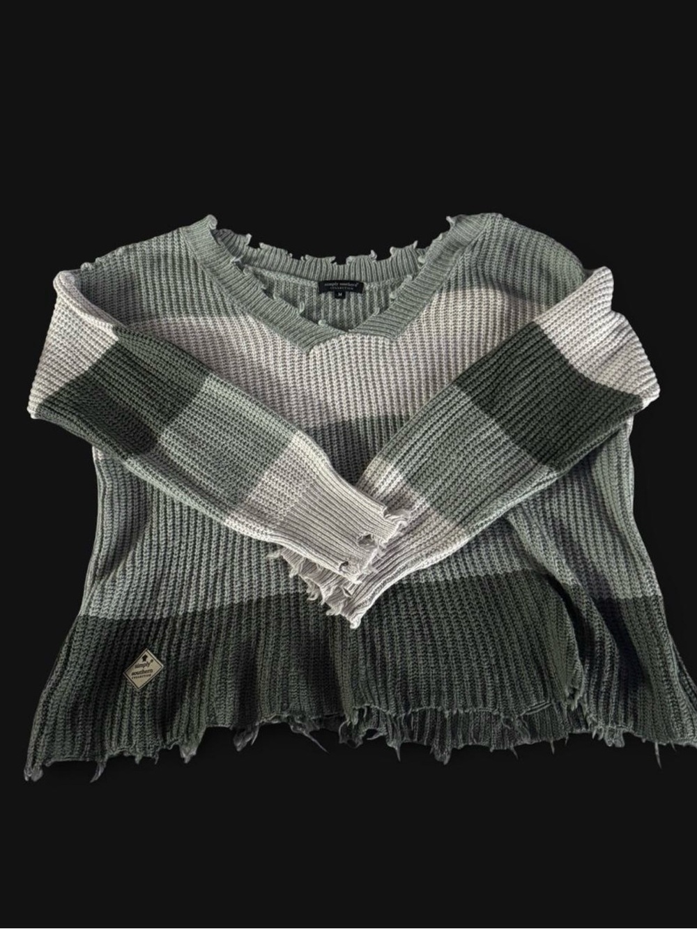 Simply Southern Washed Green & Gray Striped V-Neck Sweater